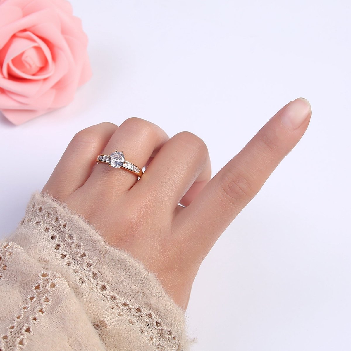 Gold solitaire ring for women with cubic zirconia stones engagement ring U-492 - DLUXCA