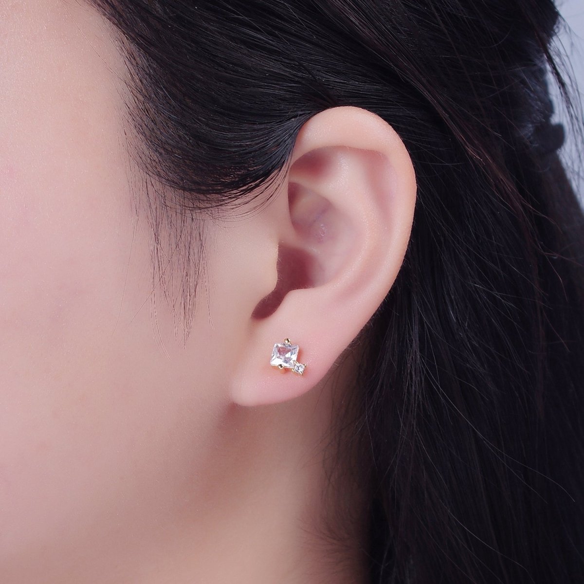 Gold Square Stud Earrings Princess Cut Cubic Zirconia Stones T-385 T-386