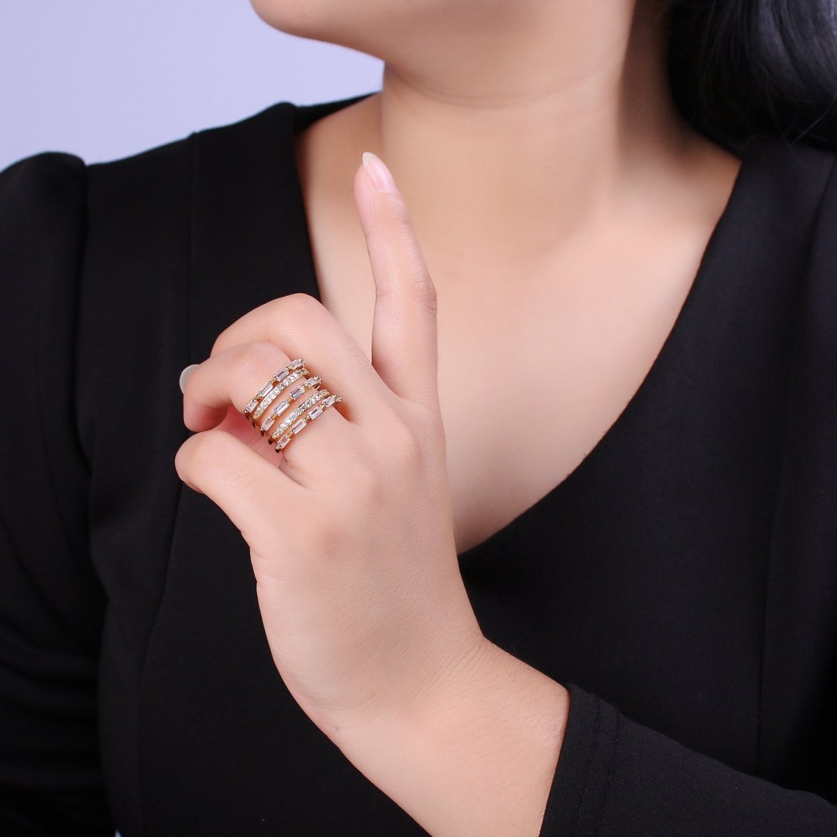 Gold Stackable Baguette Ring Clear CZ Ring Open Adjustable Jewelry U-078 - DLUXCA