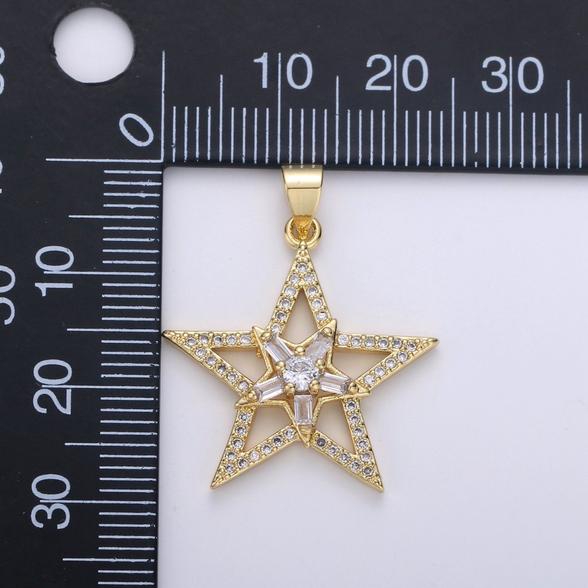 Gold Star Pendant With Baguette Stone, Five Star Charms, Women Necklaces, Star Jewelry, Celestial Jewelry for DIY Necklace 24K Gold Filled I-877 - DLUXCA