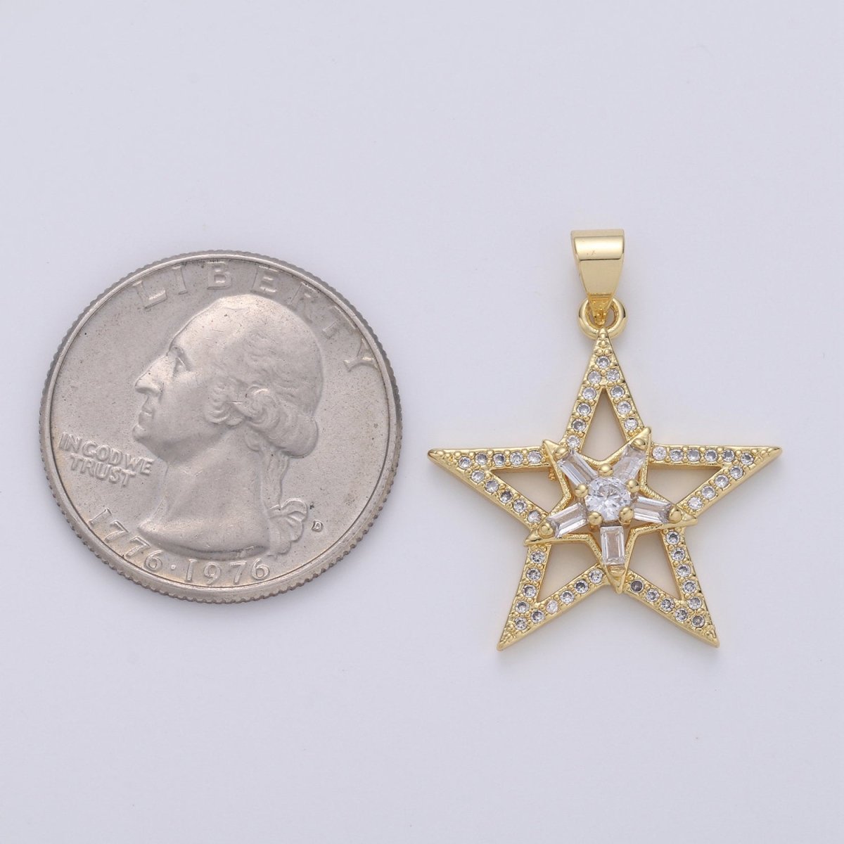 Gold Star Pendant With Baguette Stone, Five Star Charms, Women Necklaces, Star Jewelry, Celestial Jewelry for DIY Necklace 24K Gold Filled I-877 - DLUXCA