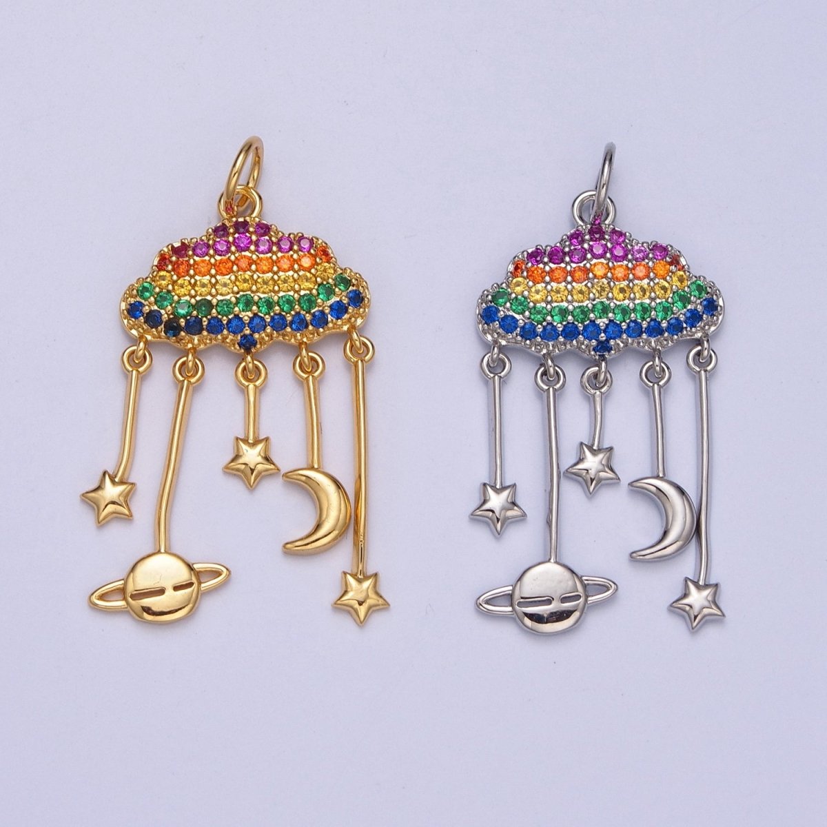 Gold Stars Cloud Moon Saturn Planet Charm Pave Drop Dangle Cloud Crescent Moon Necklace Earring Charm, Sky Charms Pendant | W-201 W-202