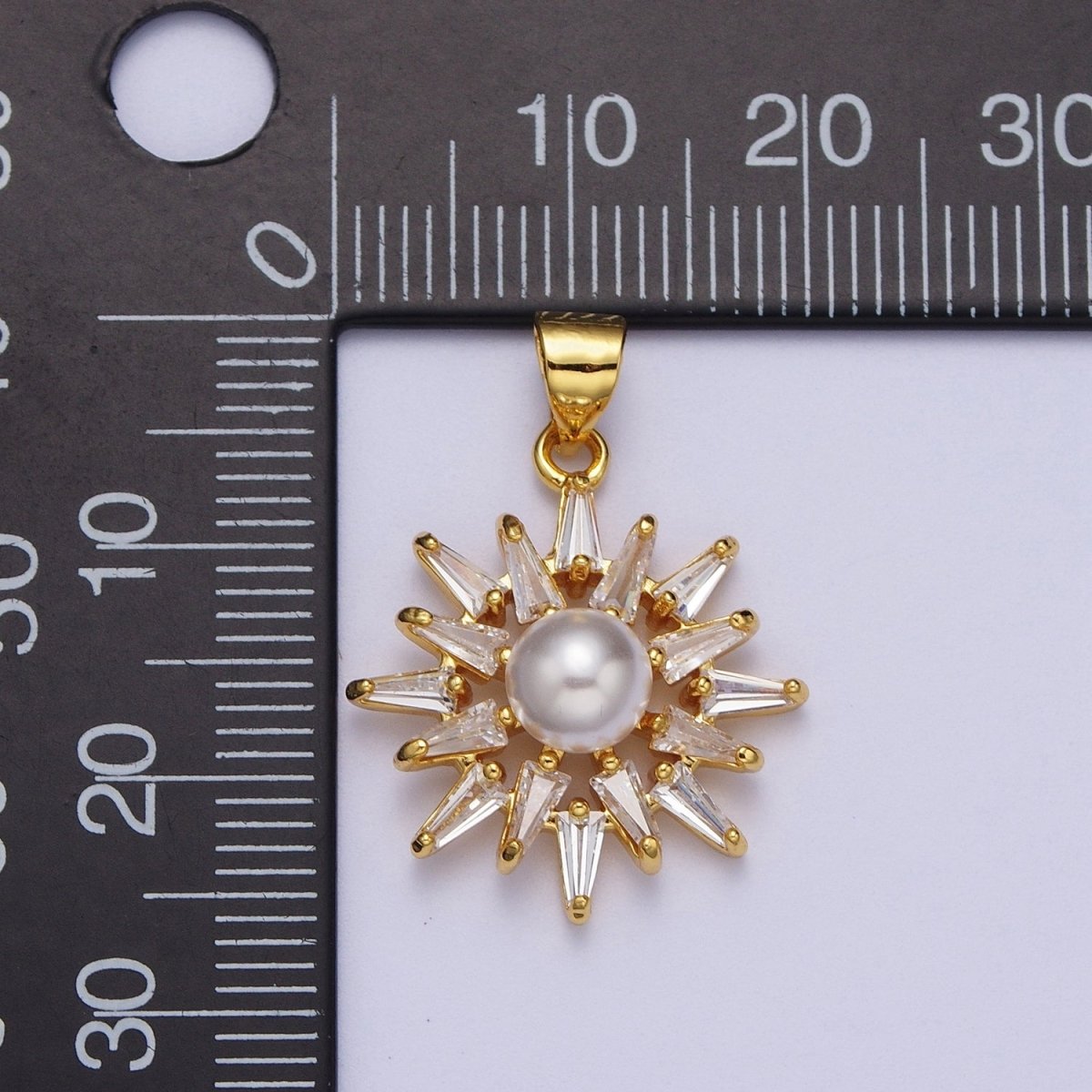 Gold Sun Pendant With Clear Marquise Stone and Pearl Charm for Necklace Pendant X-686 - DLUXCA