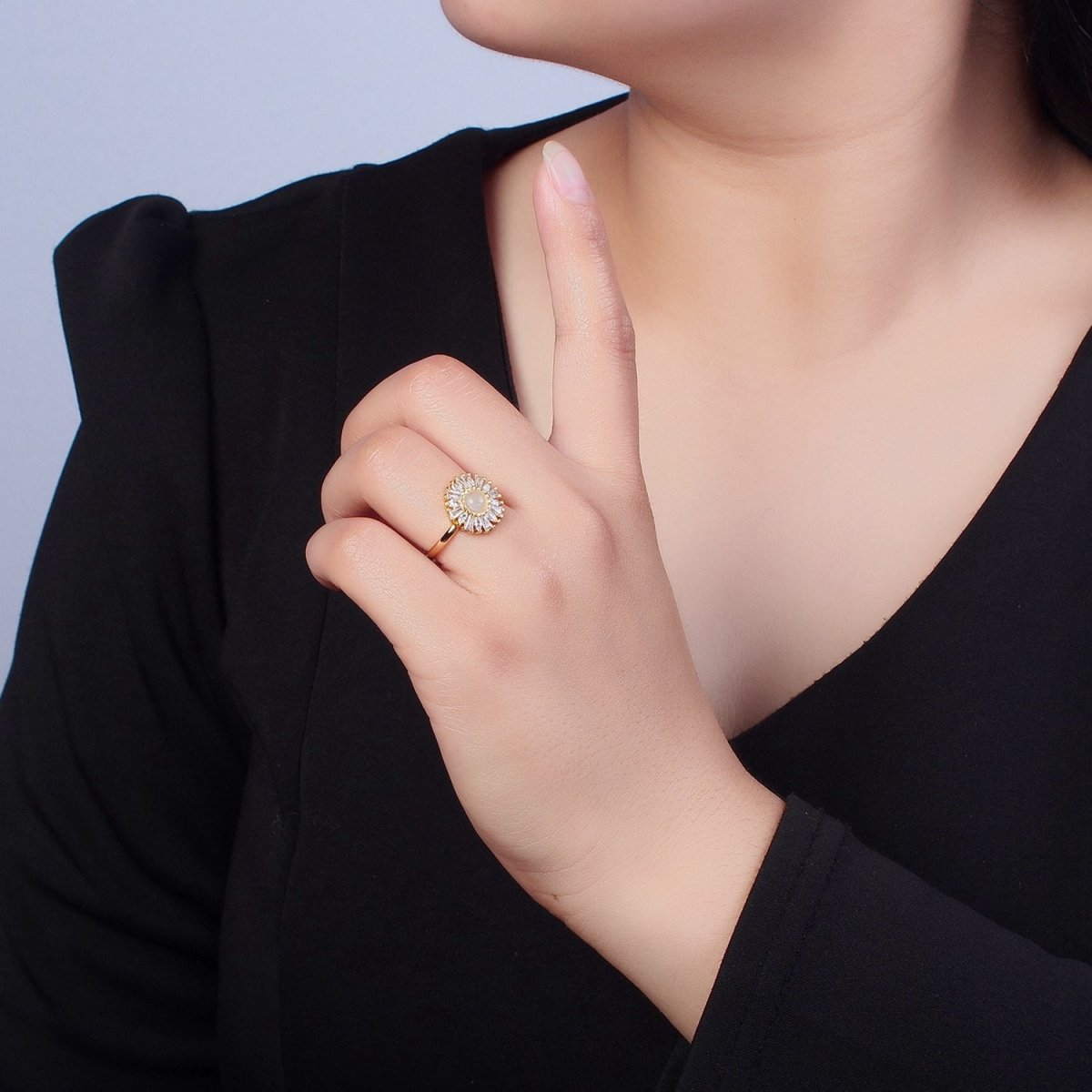 Gold Sun Ring Clear Baguette Ring Celestial Jewelry O-755 - DLUXCA