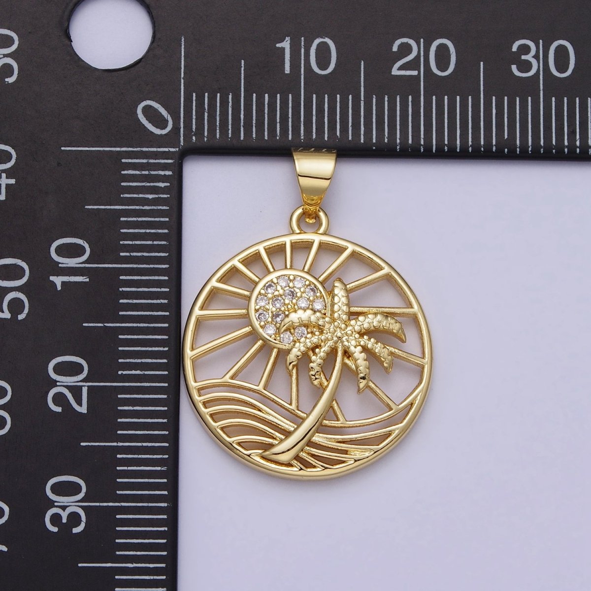 Gold Sunny Beam Beach Palm Tree Clear Micro Paved CZ Round Open Charm | AA162 - DLUXCA