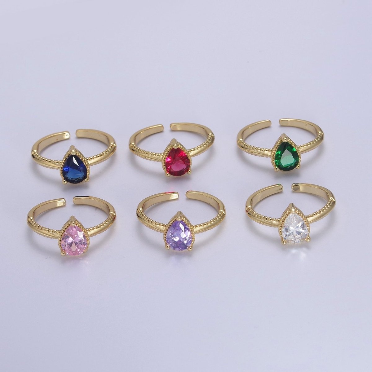 Gold Tear Drop Ring- CZ Pear Cut Ring Eye Tear Cubic Zirconia Open Adjustable Ring S-442 ~ S-447