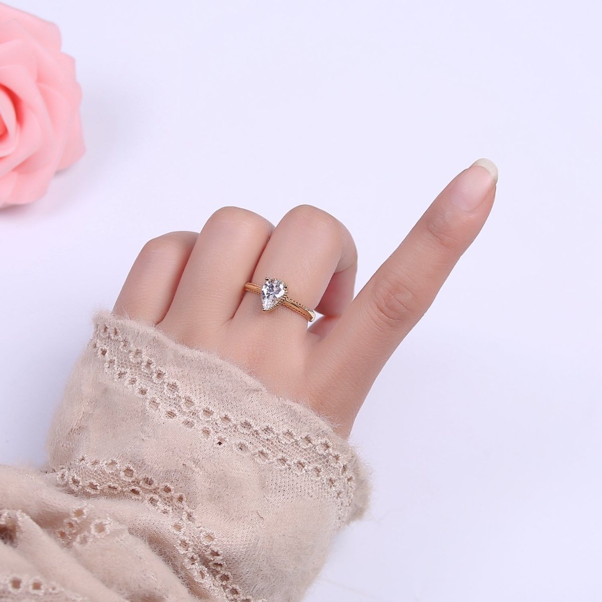 Gold Tear Drop Ring- CZ Pear Cut Ring Eye Tear Cubic Zirconia Open Adjustable Ring S-442 ~ S-447