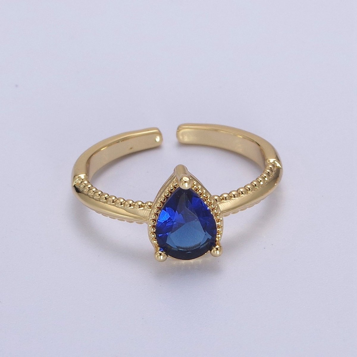 Gold Tear Drop Ring- CZ Pear Cut Ring Eye Tear Cubic Zirconia Open Adjustable Ring S-442 ~ S-447