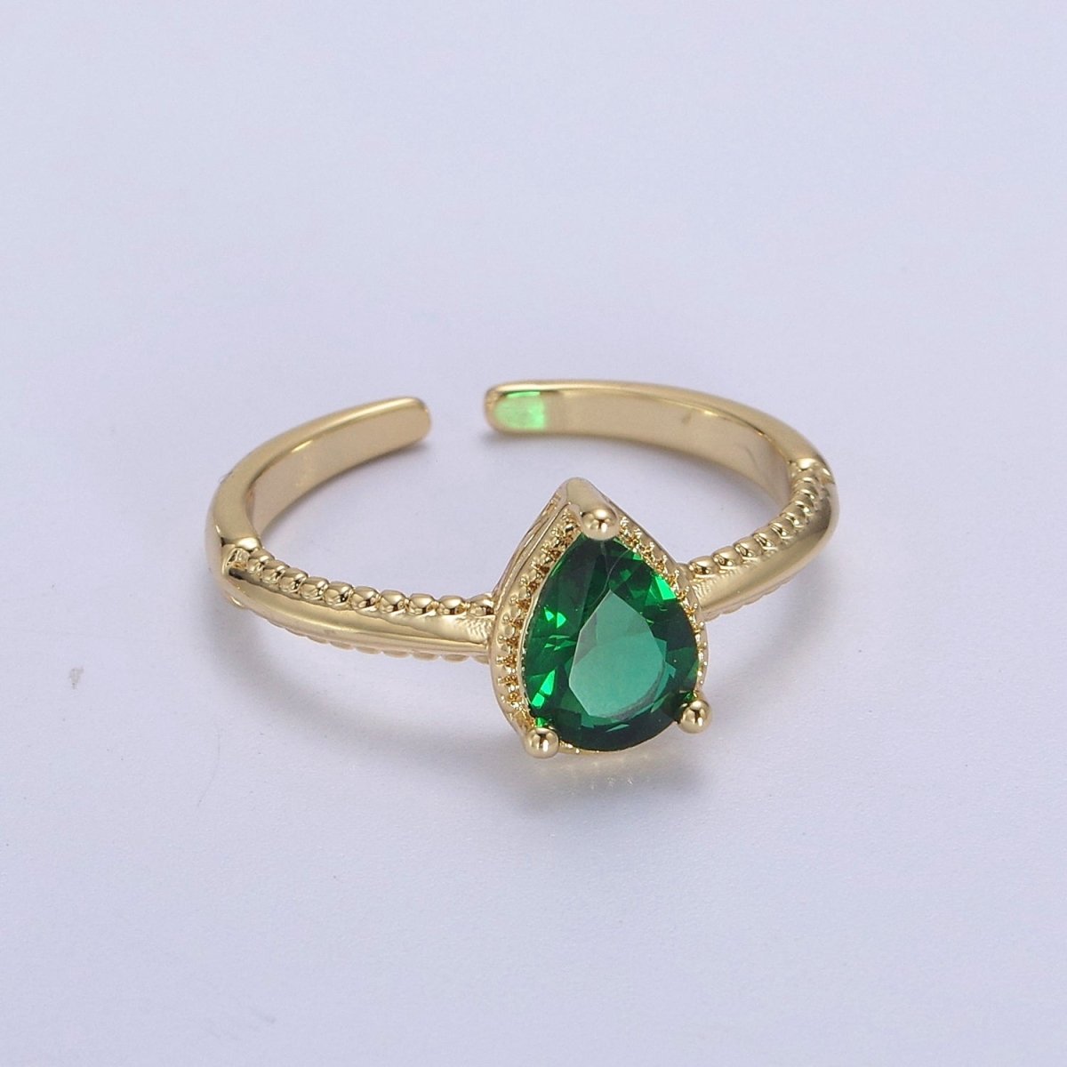 Gold Tear Drop Ring- CZ Pear Cut Ring Eye Tear Cubic Zirconia Open Adjustable Ring S-442 ~ S-447