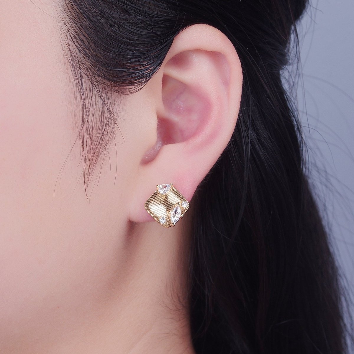 Gold Textured Rhombus Marquise Teardrop Round Cubic Zirconia Stud Drop Earrings Supply L-770 - DLUXCA