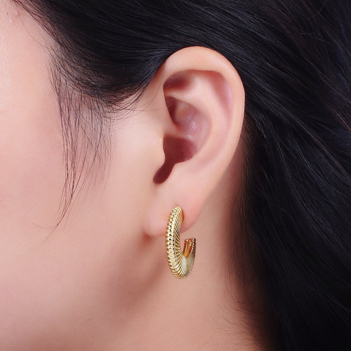 Gold Thin Textured C Shaped 15mm, 20mm, 24.5mm Hoops Earrings | AD-096
