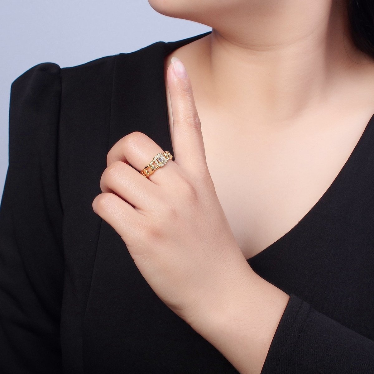 Gold Tiny Baguette Square Ring with Curb Chain Link Band O-2283 - DLUXCA