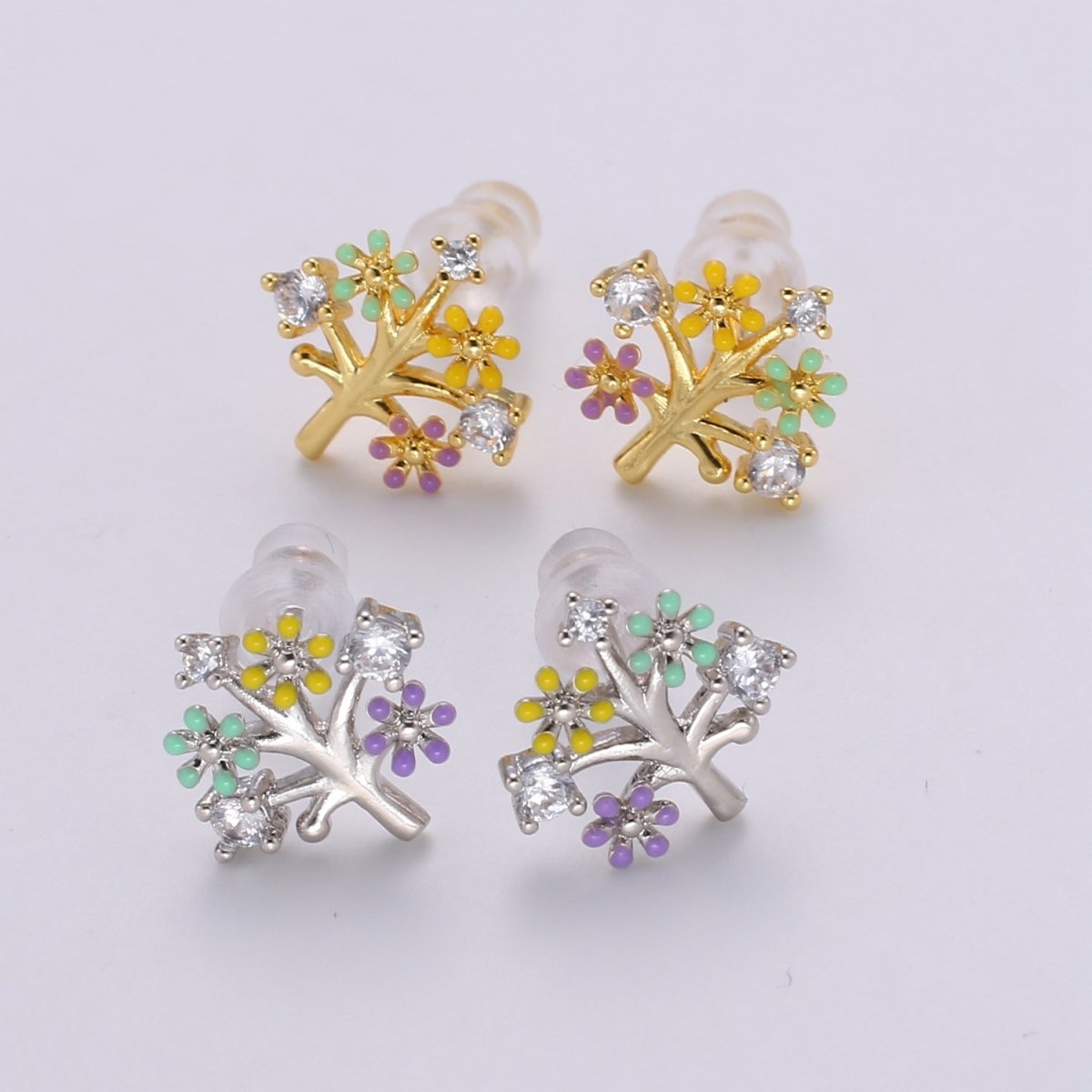 Gold Tree Stud Earrings • Cute Earrings • Spring Jewelry • Gold Micro Pave Flower Earrings • Stud Earrings • Valentine gift• Kawaii Earrings Q-368