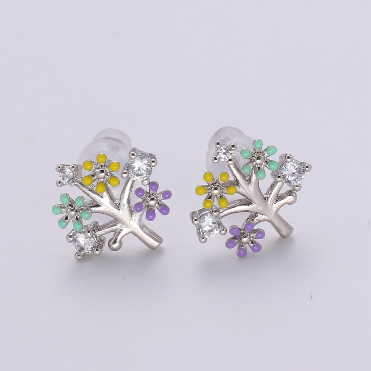 Gold Tree Stud Earrings • Cute Earrings • Spring Jewelry • Gold Micro Pave Flower Earrings • Stud Earrings • Valentine gift• Kawaii Earrings Q-368