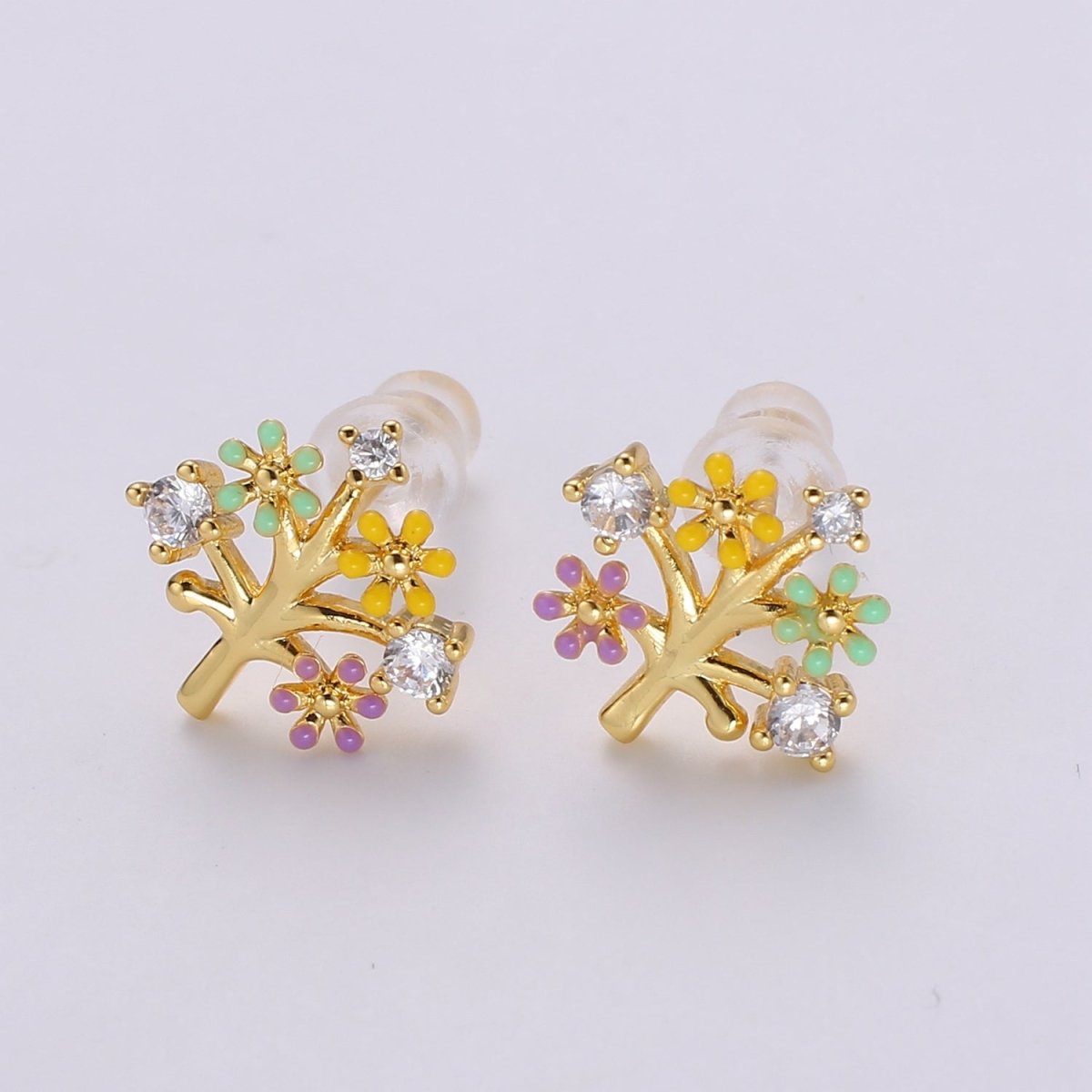 Gold Tree Stud Earrings • Cute Earrings • Spring Jewelry • Gold Micro Pave Flower Earrings • Stud Earrings • Valentine gift• Kawaii Earrings Q-368