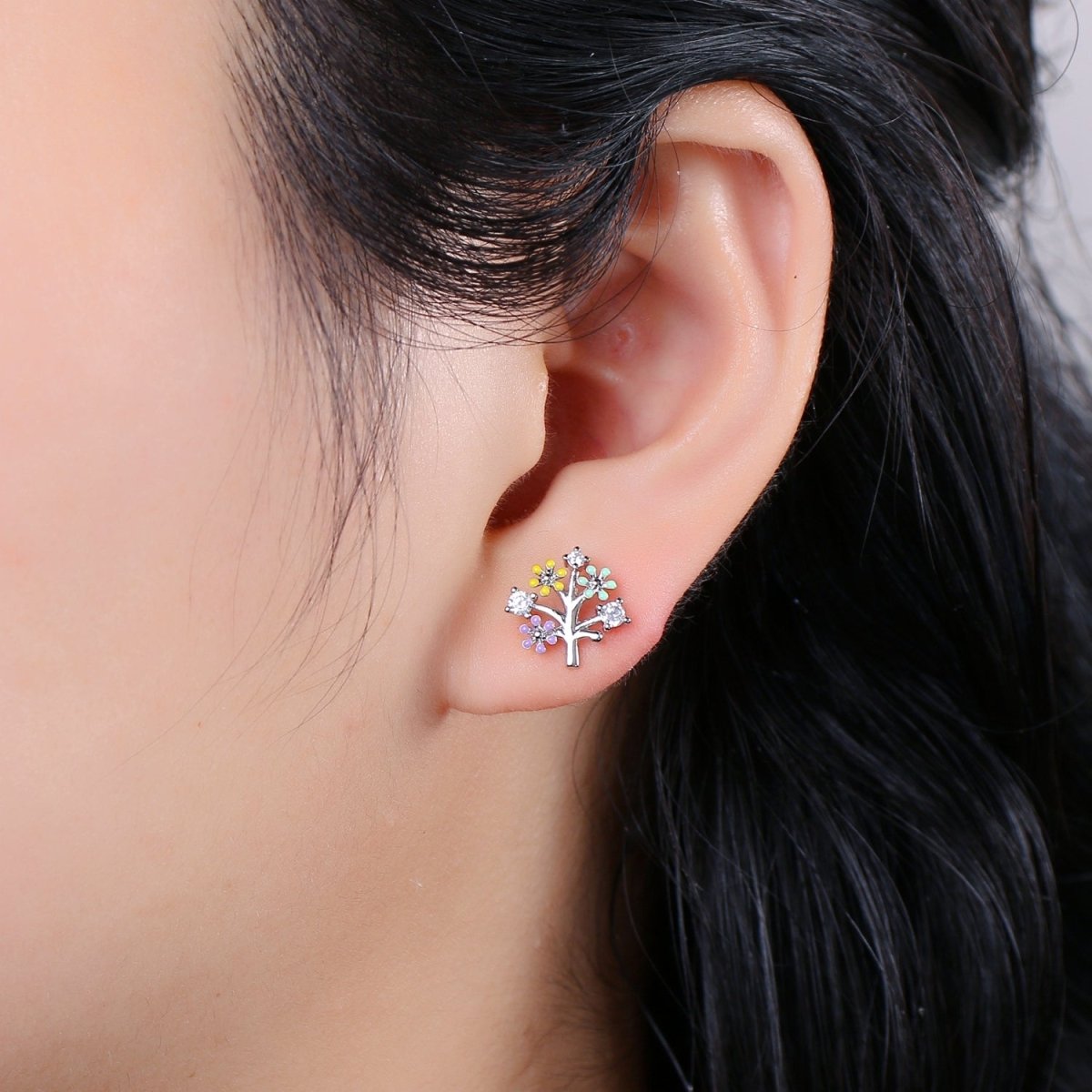 Gold Tree Stud Earrings • Cute Earrings • Spring Jewelry • Gold Micro Pave Flower Earrings • Stud Earrings • Valentine gift• Kawaii Earrings Q-368