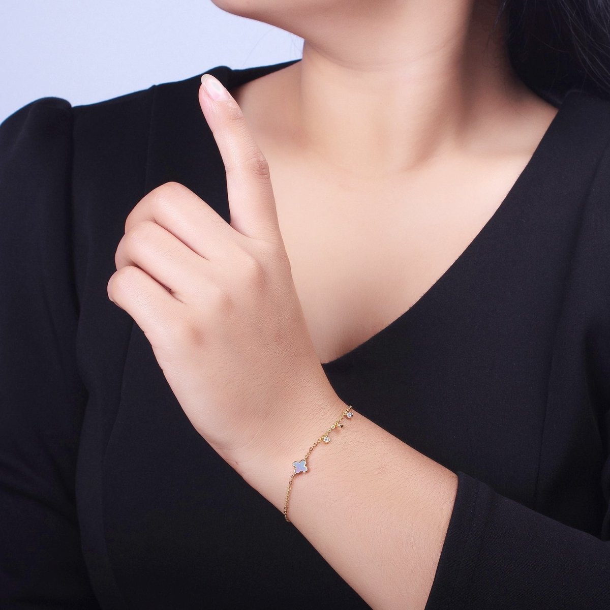 Gold Triple Clear Bezel CZ Shell Pearl Quatrefoil Clover 6.5 Inch Rolo Chain Bracelet with Extender | WA-1519 Clearance Pricing