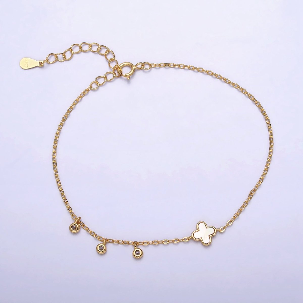 Gold Triple Clear Bezel CZ Shell Pearl Quatrefoil Clover 6.5 Inch Rolo Chain Bracelet with Extender | WA-1519 Clearance Pricing