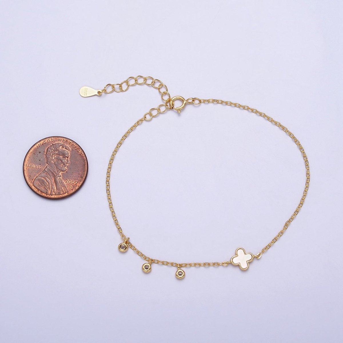 Gold Triple Clear Bezel CZ Shell Pearl Quatrefoil Clover 6.5 Inch Rolo Chain Bracelet with Extender | WA-1519 Clearance Pricing
