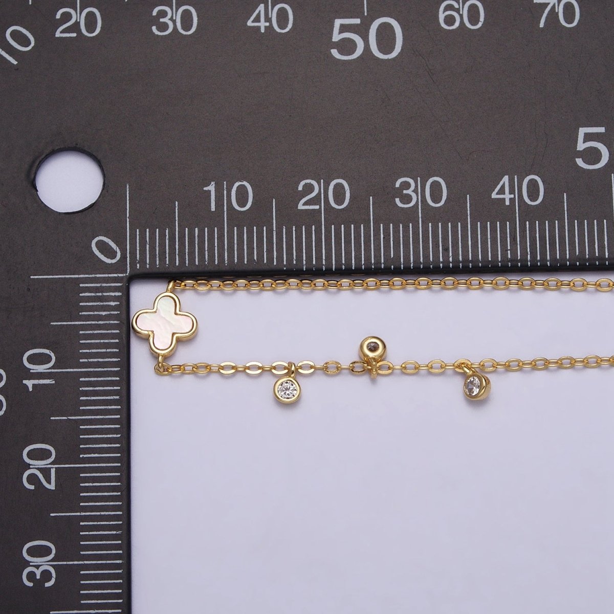 Gold Triple Clear Bezel CZ Shell Pearl Quatrefoil Clover 6.5 Inch Rolo Chain Bracelet with Extender | WA-1519 Clearance Pricing
