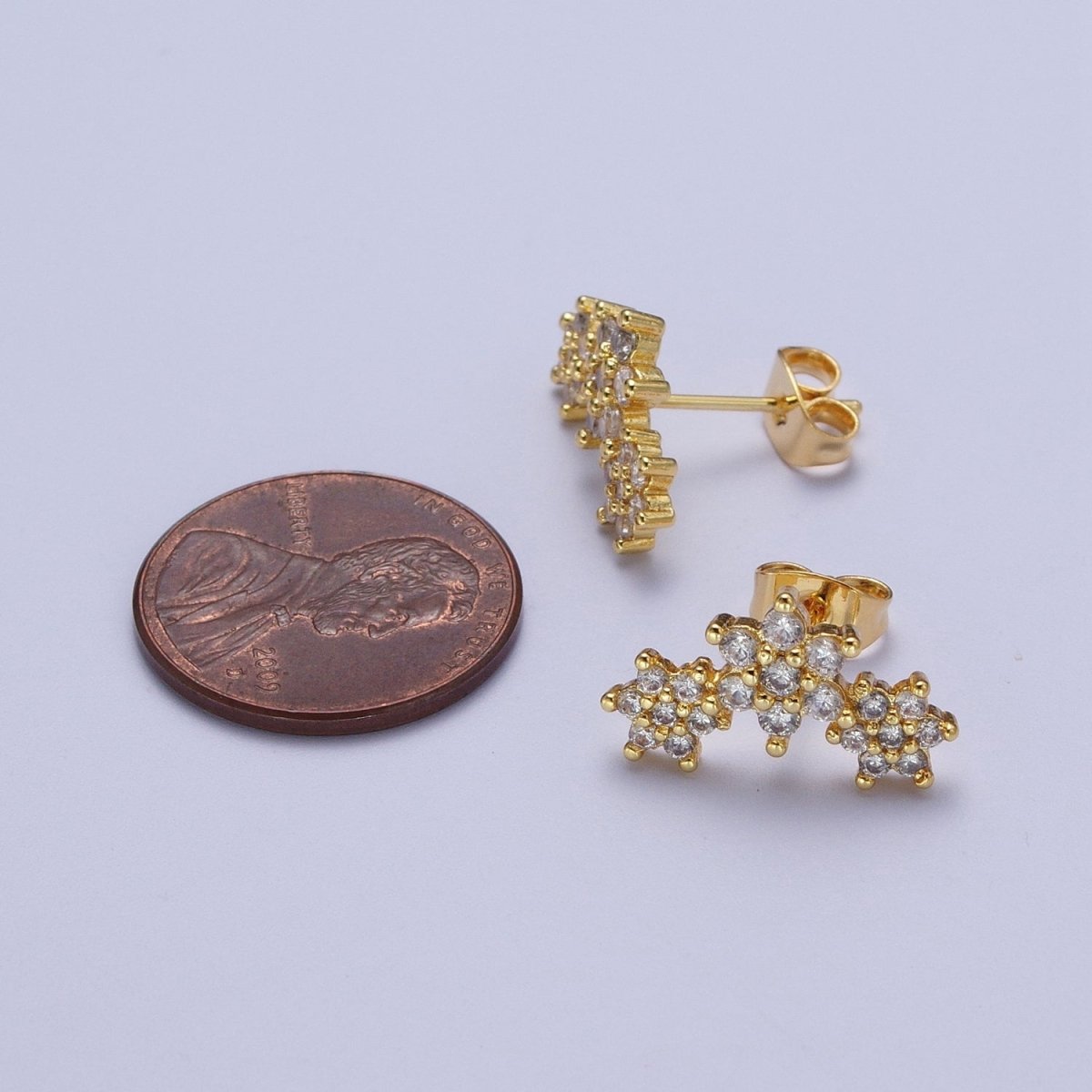 Gold Triple Clear Star Flower Stud Earring Cubic Zirconia Floral Stud Earrings Jewelry | P-275 - DLUXCA