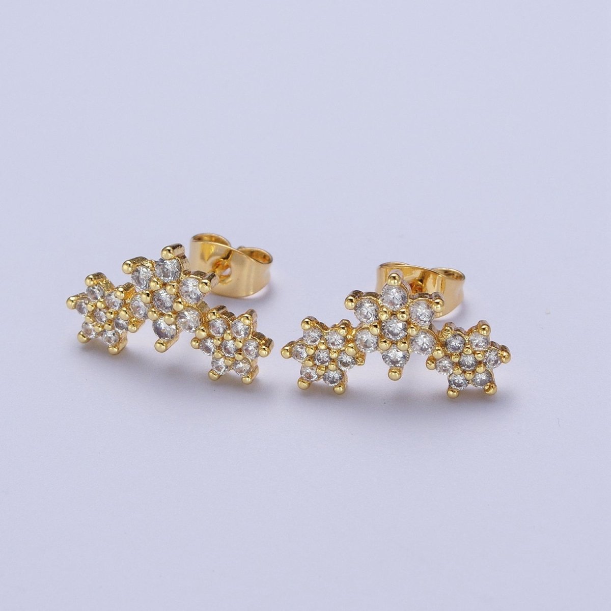 Gold Triple Clear Star Flower Stud Earring Cubic Zirconia Floral Stud Earrings Jewelry | P-275 - DLUXCA