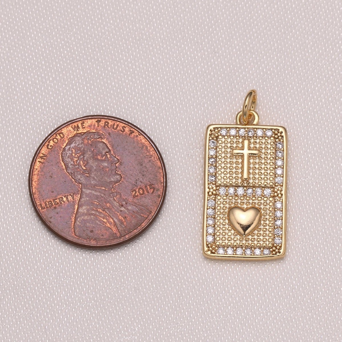 Gold Twin Tile Cross and Heart Charm CZ Christian Love Charm Pendant GP-1005