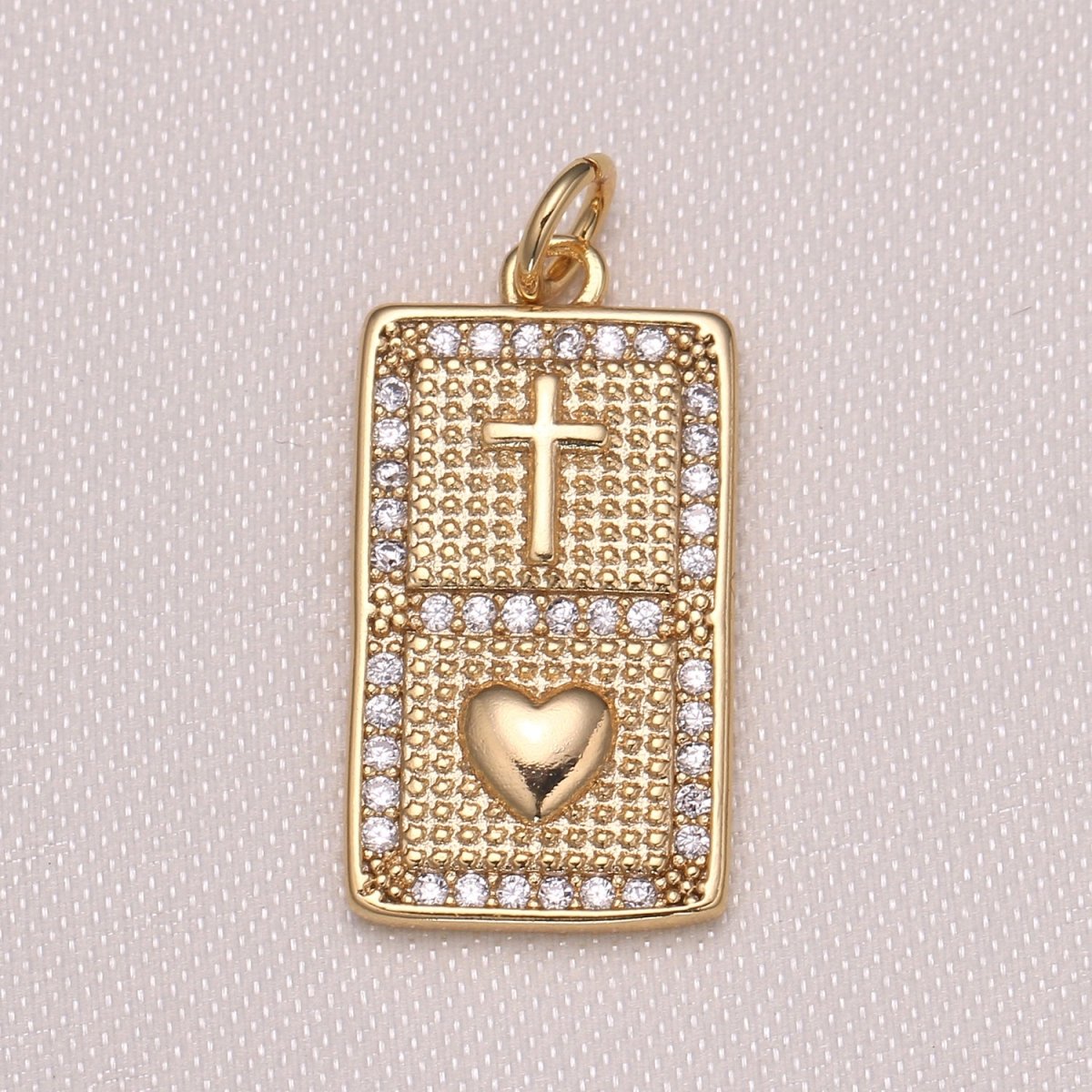Gold Twin Tile Cross and Heart Charm CZ Christian Love Charm Pendant GP-1005