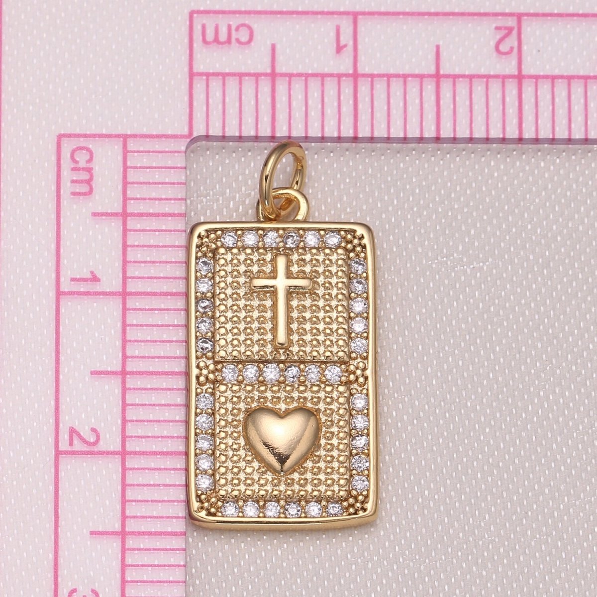 Gold Twin Tile Cross and Heart Charm CZ Christian Love Charm Pendant GP-1005