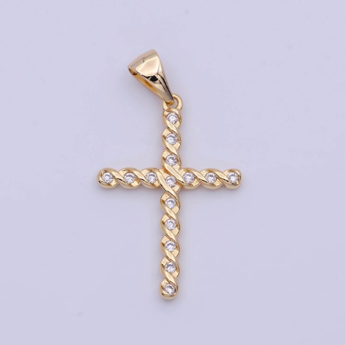 Gold Twisted Cross Round Cubic Zirconia Pendant For Religious Jewelry Making | X-498 - DLUXCA