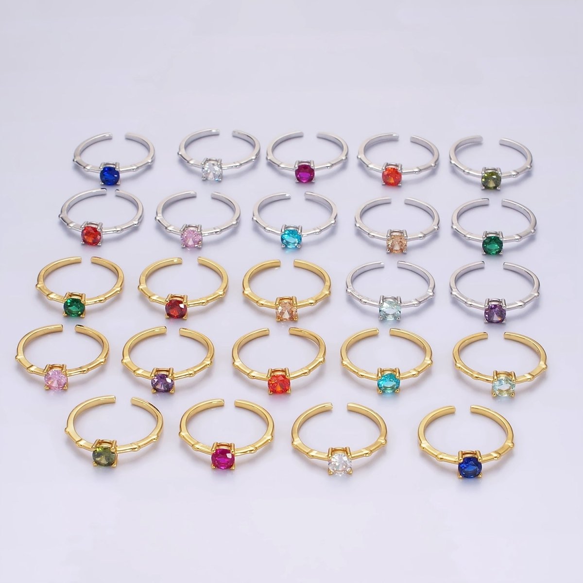 Gold Vermeil Cubic Zirconia CZ Birthstone Personalized Solitaire Bamboo Ring in Gold & Silver | O1006 - O1029