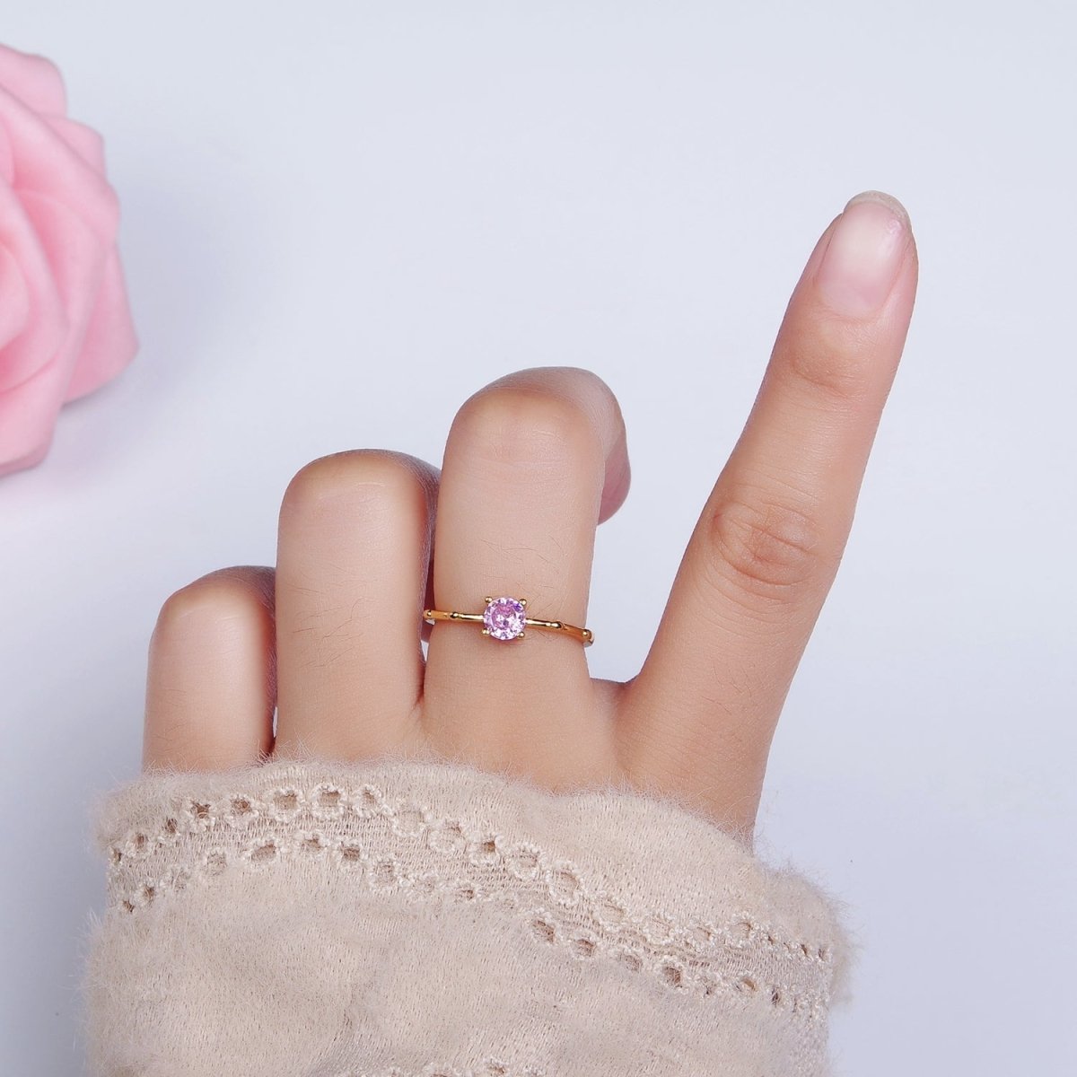 Gold Vermeil Cubic Zirconia CZ Birthstone Personalized Solitaire Bamboo Ring in Gold & Silver | O1006 - O1029