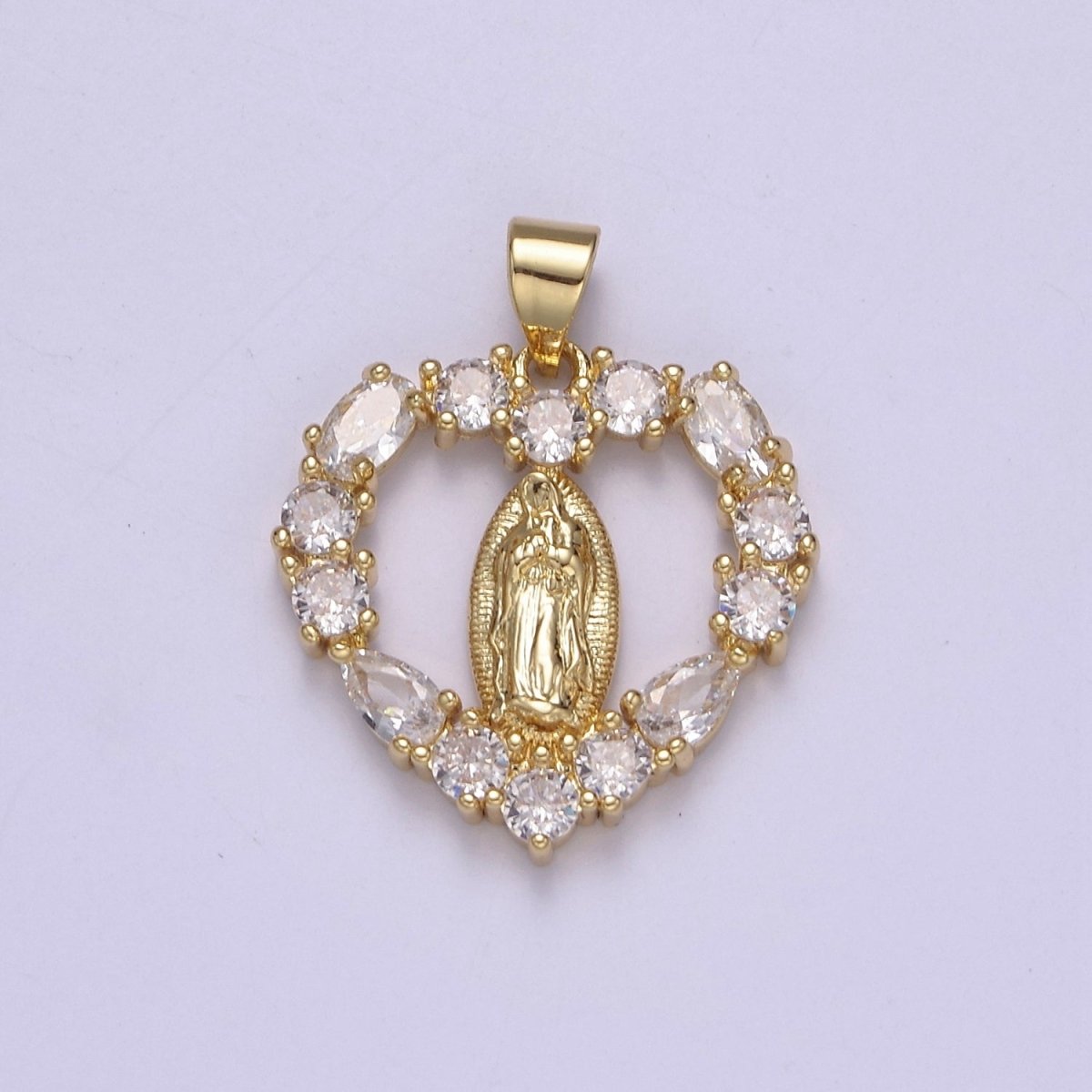 Gold Virgin Mary On Heart Emblem Shape Pendant Religious Charm Lady Guadalupe Pave Pendant, Dainty Gold Charm J-357 - DLUXCA