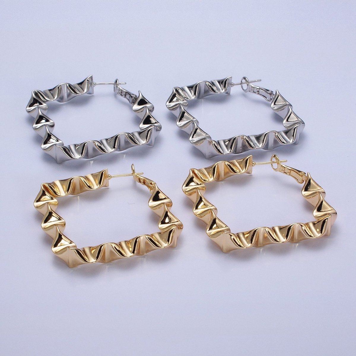 Gold Wavy Rhombus Hoops Lever Back Hoops Statement Gold Hoops 16K Gold Filled Earring 41mm AD996 AD997