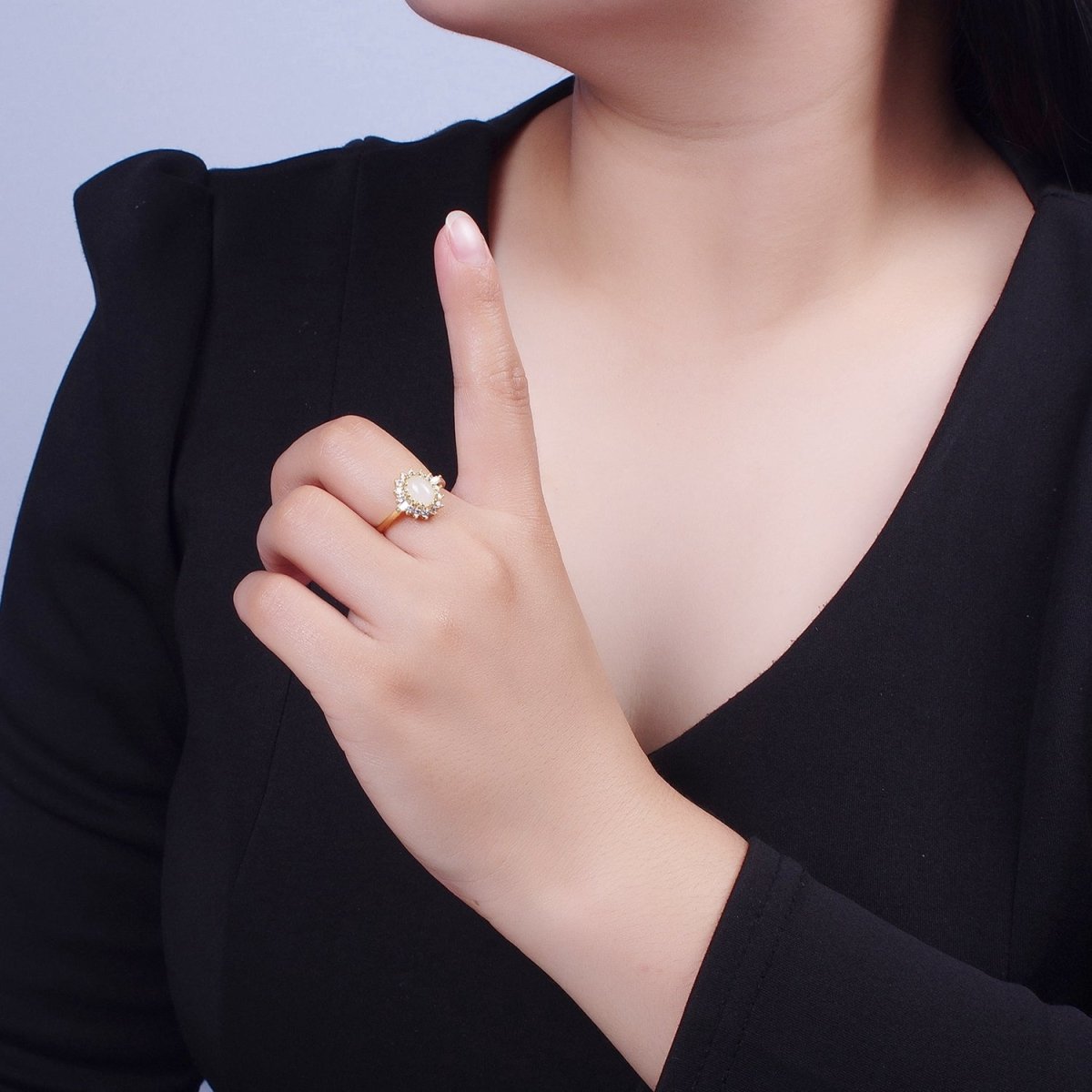 Gold White Gemstone Clear Cubic Zirconia Celestial Sun Flower Adjustable Ring S-247 - DLUXCA