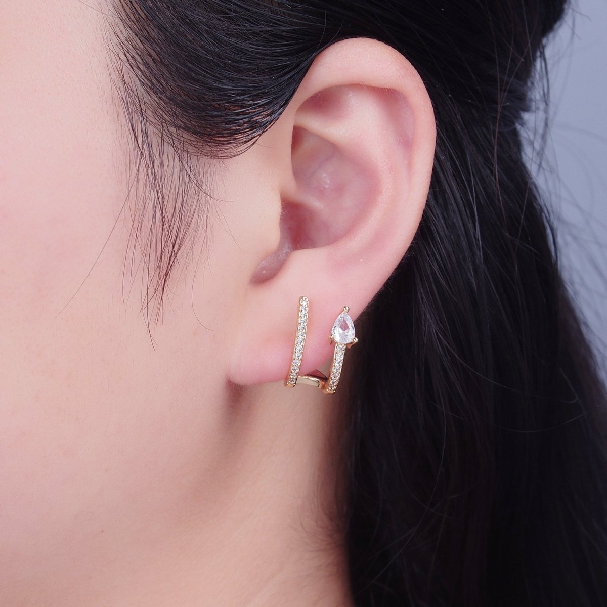 Gold Wrap Stud Earring with Tear Drop CZ Stone T-460 - DLUXCA