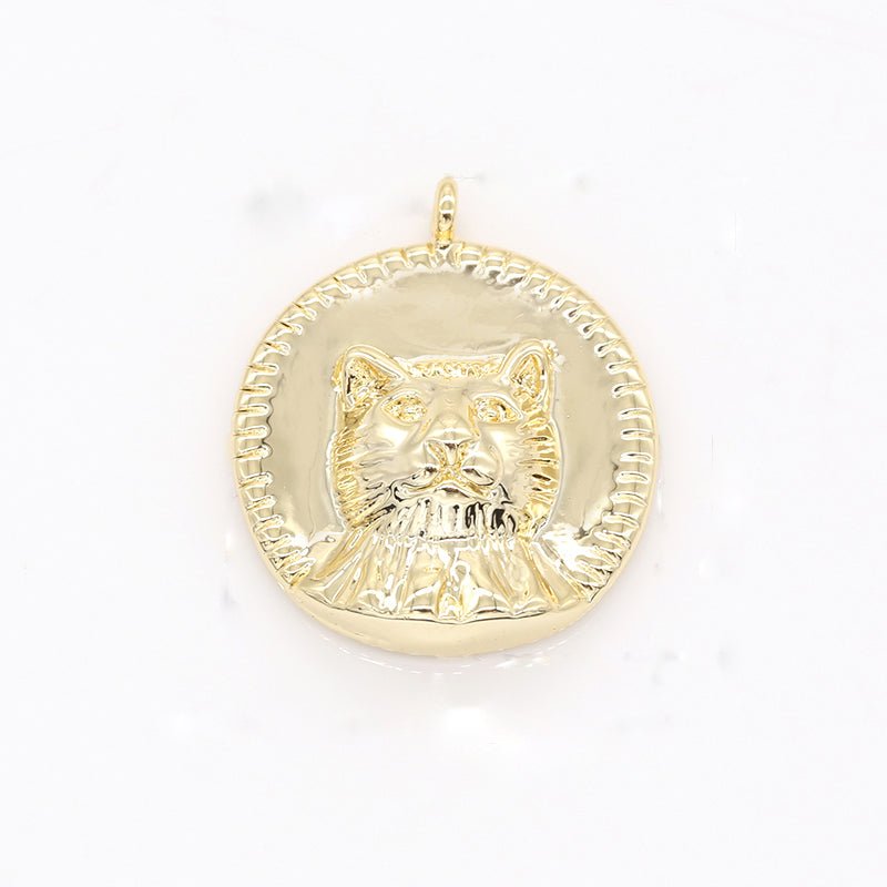 Golden Cute Meow Cat Head Face Rustic Coin Charm, Gold Plated Celestial Chinese Horoscope Medallion GP-127 - DLUXCA