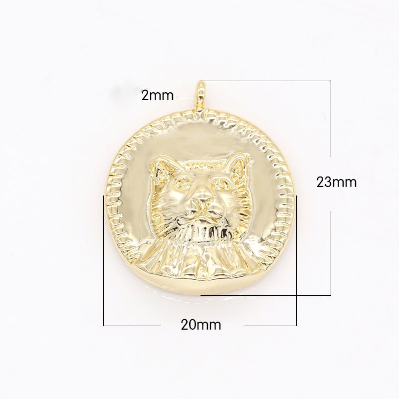 Golden Cute Meow Cat Head Face Rustic Coin Charm, Gold Plated Celestial Chinese Horoscope Medallion GP-127 - DLUXCA