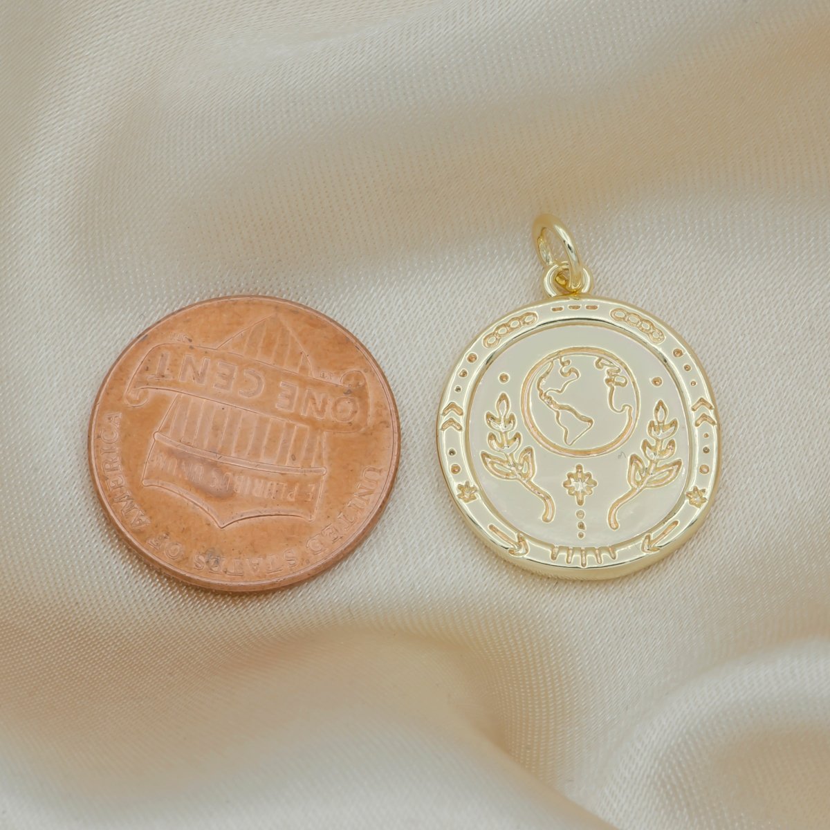 Golden Earth Universe Ornament Coin Charm, Gold Plated Earth Beauty Nature Medallion Charm Pendant GP-133 - DLUXCA