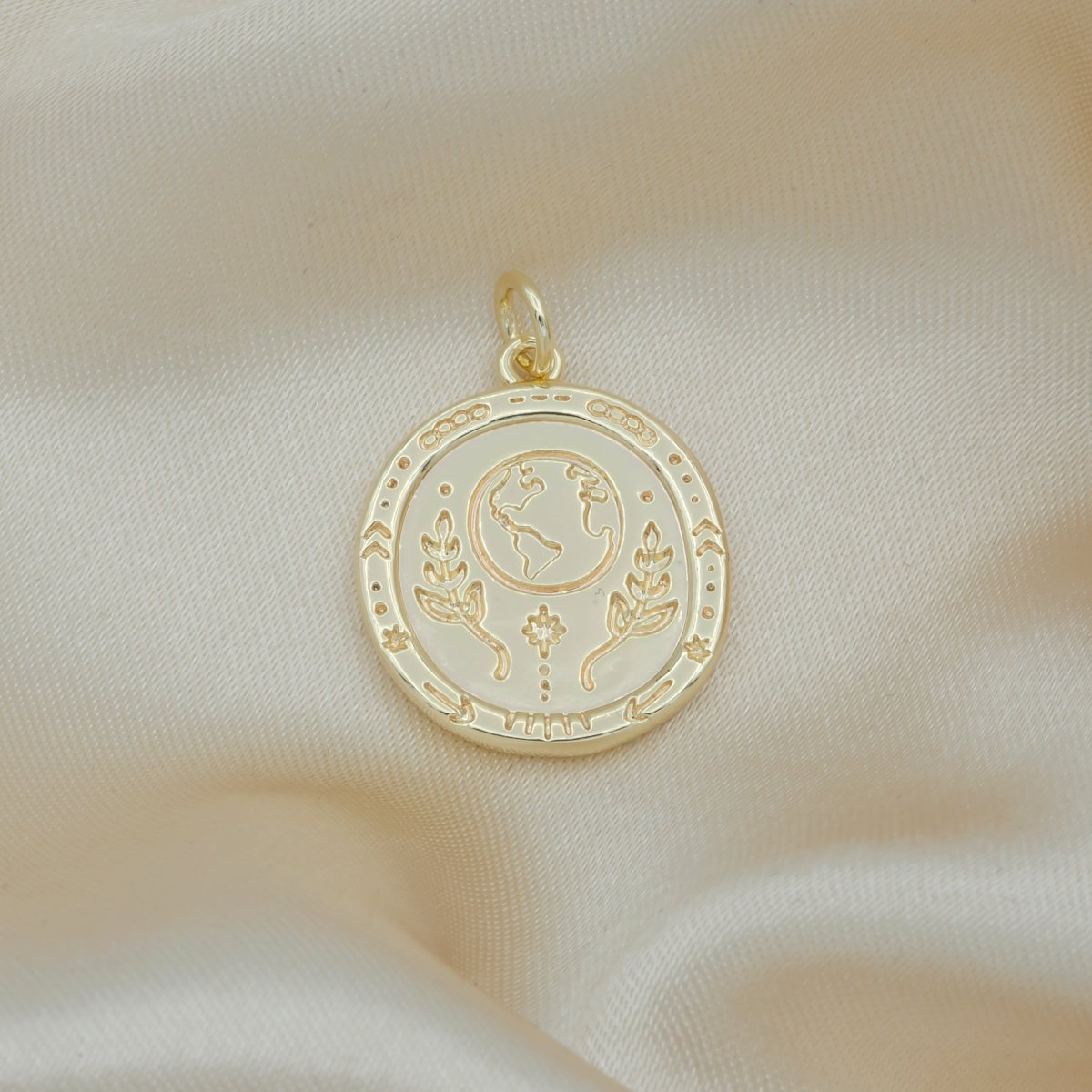 Golden Earth Universe Ornament Coin Charm, Gold Plated Earth Beauty Nature Medallion Charm Pendant GP-133 - DLUXCA