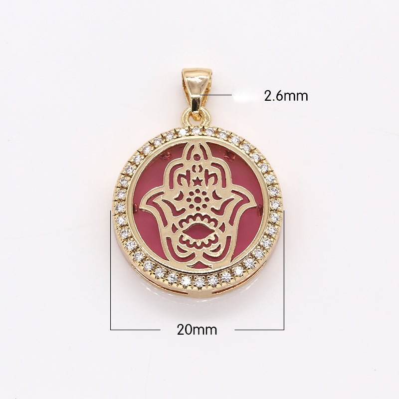Golden Hamsa Flower in Circle Round Charm CZ Gold Plated Geometric Shape Micro Pave Charm Pendant GP-383 GP-373 GP-384