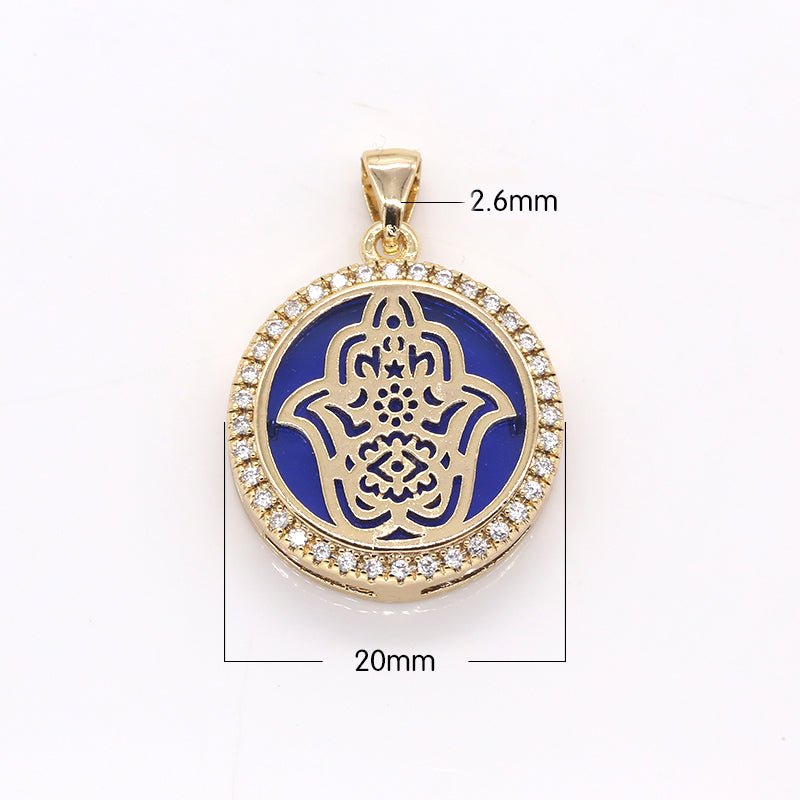 Golden Hamsa Flower in Circle Round Charm CZ Gold Plated Geometric Shape Micro Pave Charm Pendant GP-383 GP-373 GP-384