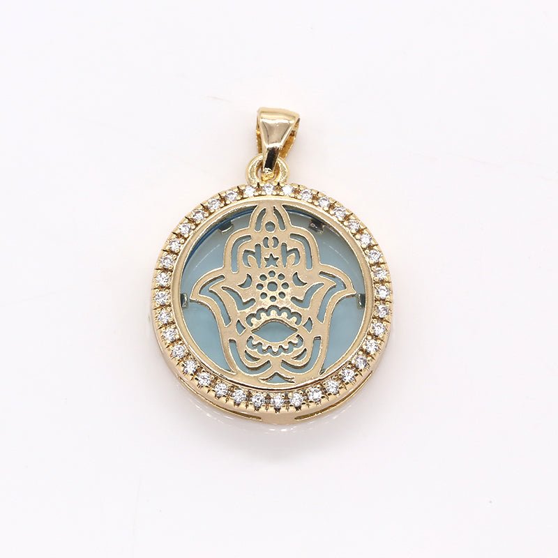 Golden Hamsa Flower in Circle Round Charm CZ Gold Plated Geometric Shape Micro Pave Charm Pendant GP-383 GP-373 GP-384