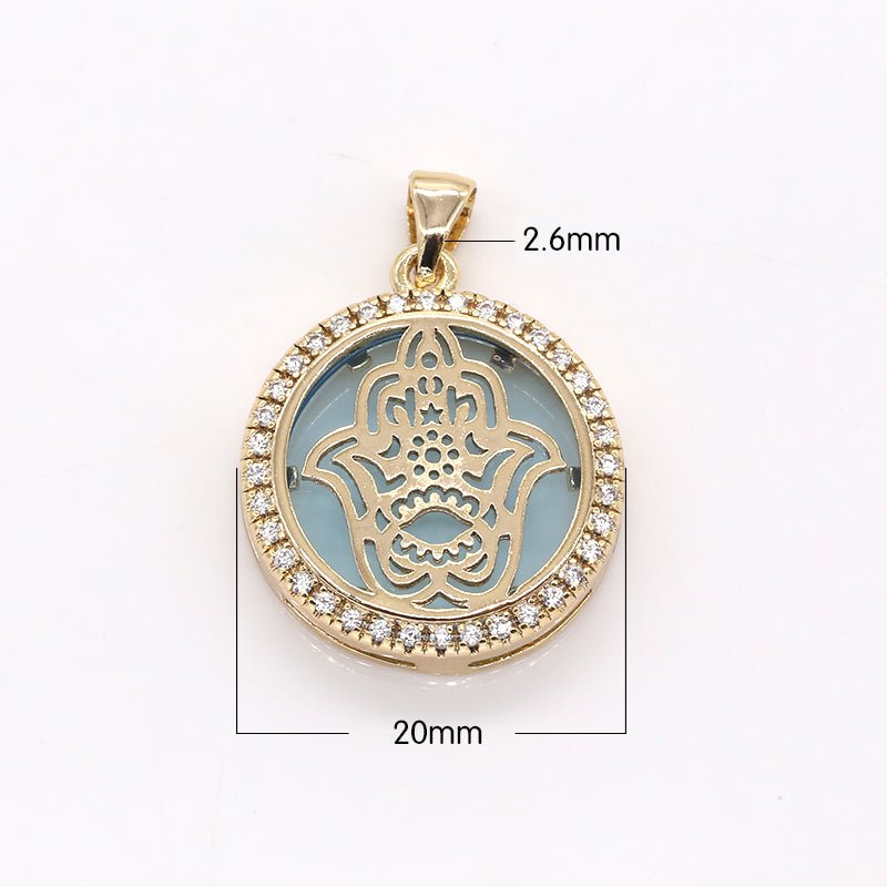 Golden Hamsa Flower in Circle Round Charm CZ Gold Plated Geometric Shape Micro Pave Charm Pendant GP-383 GP-373 GP-384