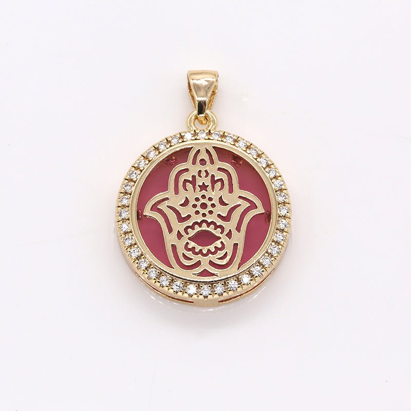 Golden Hamsa Flower in Circle Round Charm CZ Gold Plated Geometric Shape Micro Pave Charm Pendant GP-383 GP-373 GP-384
