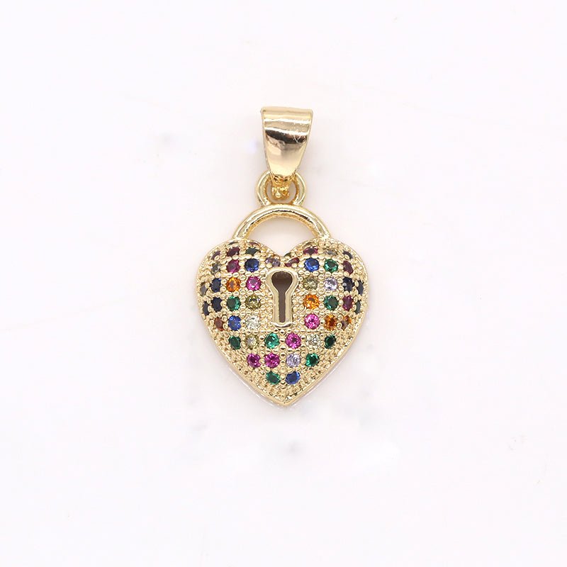 Golden Heart Padlock Charm CZ Colorful Crystal Lover Heart Charm Pendant GP-370