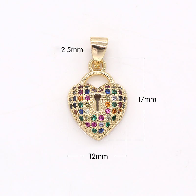 Golden Heart Padlock Charm CZ Colorful Crystal Lover Heart Charm Pendant GP-370