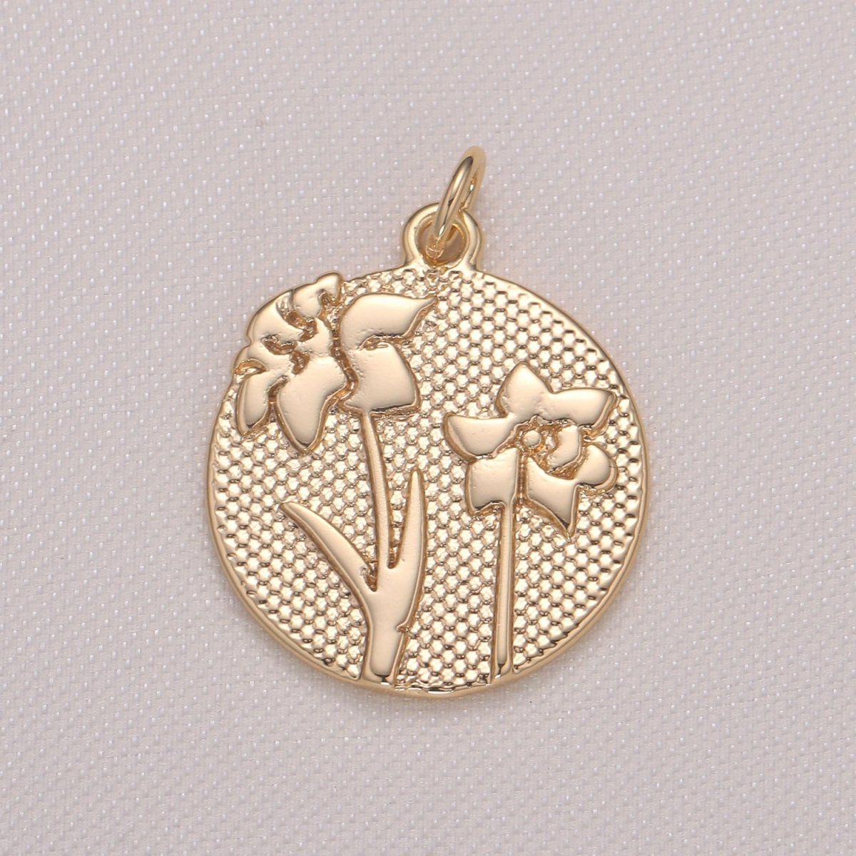 Golden Jasmine Flower Medal Rustic Coin Charm, Gold Plated Floral Nature Medallion Charm Pendant GP-942