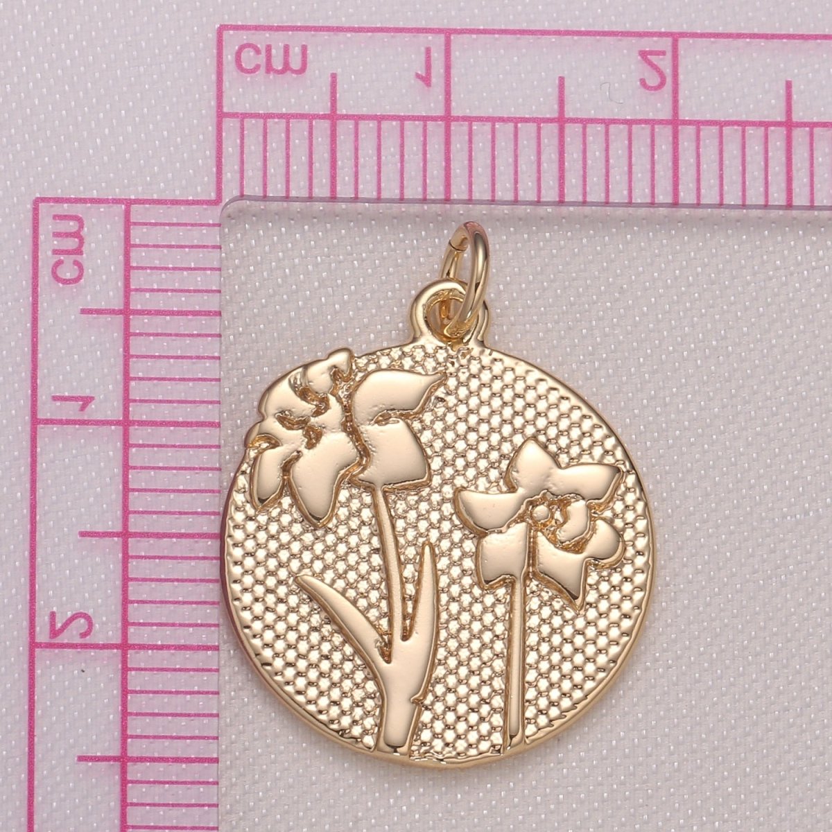 Golden Jasmine Flower Medal Rustic Coin Charm, Gold Plated Floral Nature Medallion Charm Pendant GP-942
