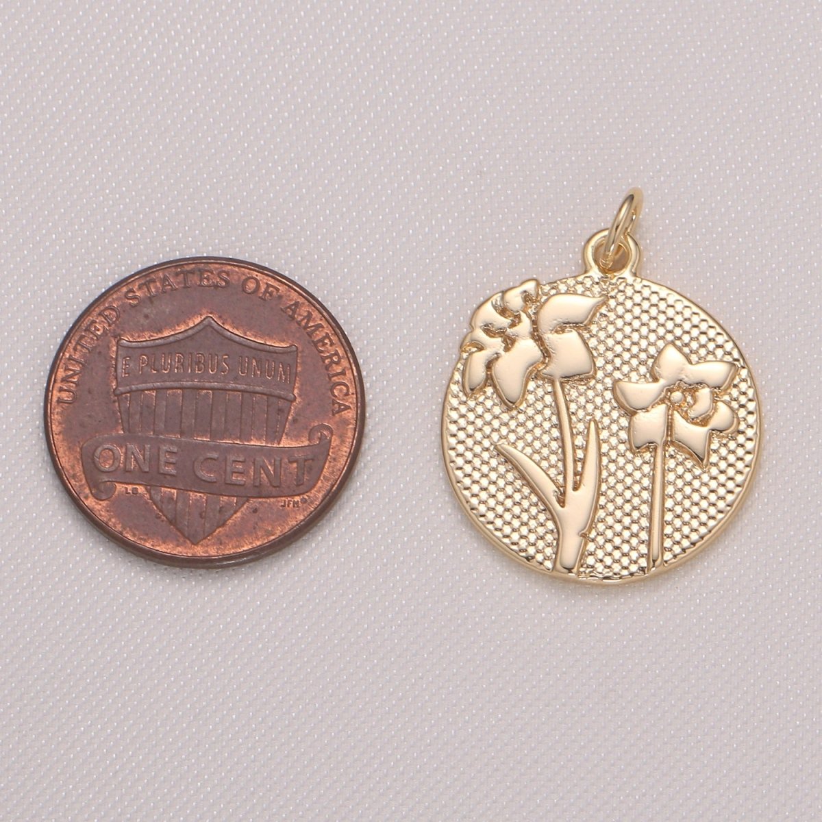 Golden Jasmine Flower Medal Rustic Coin Charm, Gold Plated Floral Nature Medallion Charm Pendant GP-942